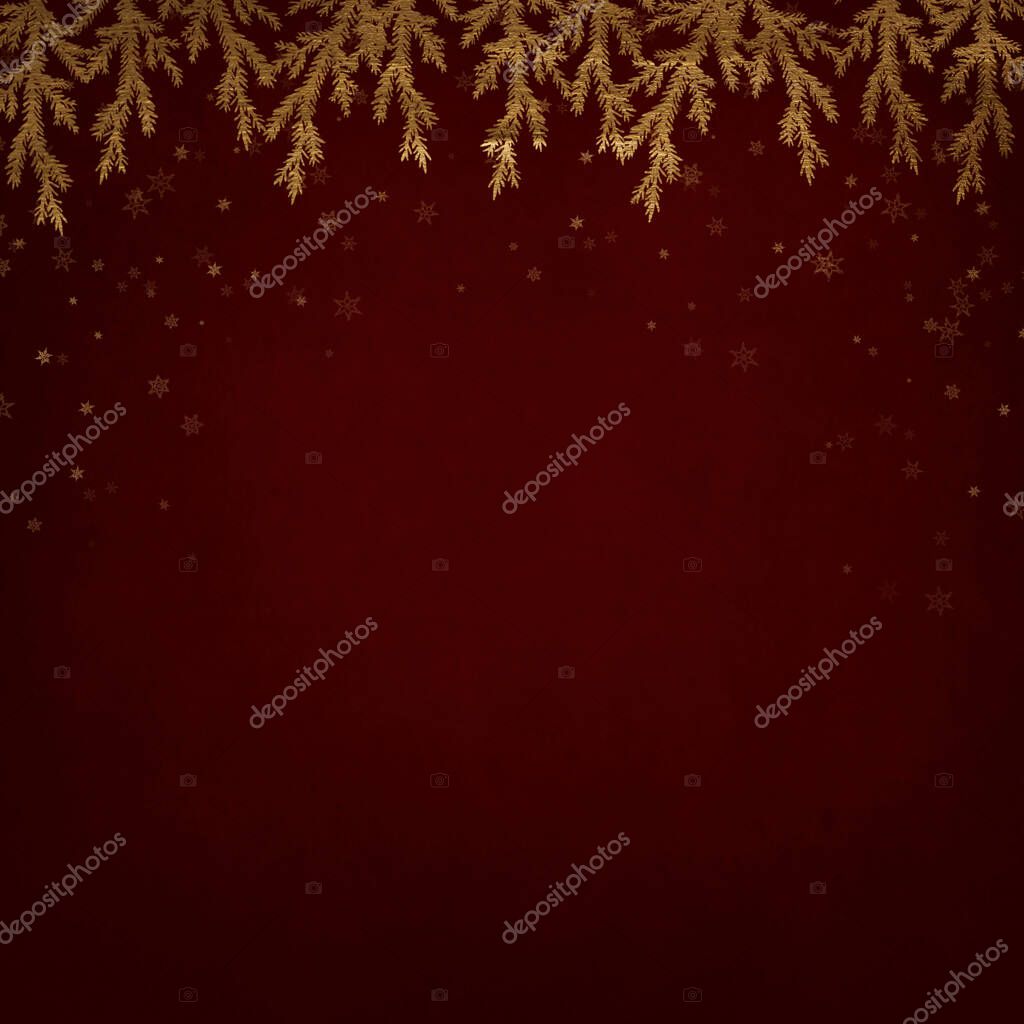 Christmas Frame Banner, Holiday Illustrations. Merry Christmas Greeting Card or Label. Pine Twigs. Golden on Red Background