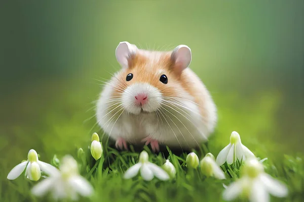 Cute hamster in springtime. Hamster cartoon character, funny animal.