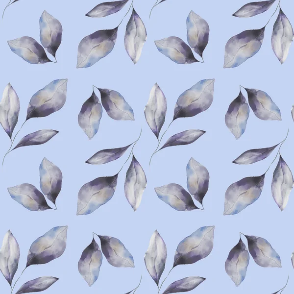 Seamless background with watercolor leaves doodles, bright blue background. Luxury pattern for creating textiles, wallpaper, paper. Vintage. Romantic floral