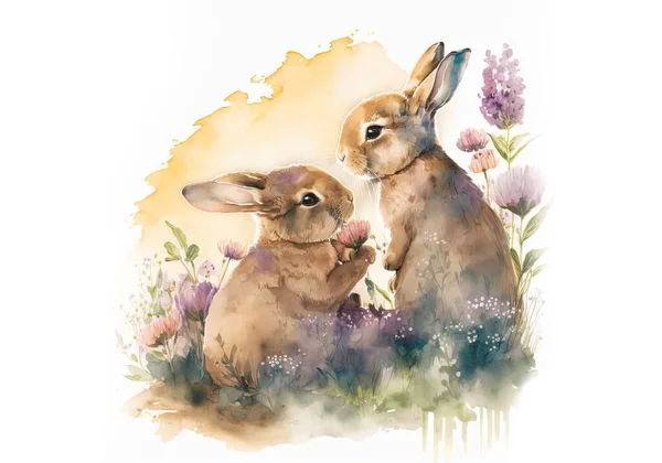 Rabbits in love. Poster or banner for website. Love and romance, happy animal family. Watercolor wild life and nature, forest dwellers. Invitation and greeting postcard design. Cartoon illustration