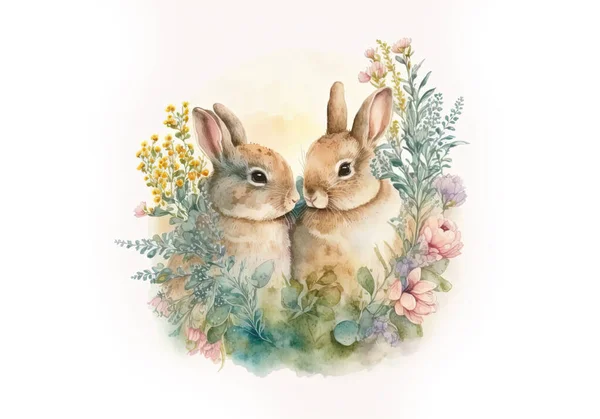Rabbits in love. Poster or banner for website. Love and romance, happy animal family. Watercolor wild life and nature, forest dwellers. Invitation and greeting postcard design. Cartoon illustration