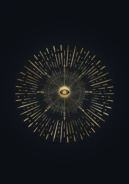 Sacred Masonic symbol Vesica piscis gold Sacred geometry. All Seeing eye, the third eye or The Eye of Providence inside triangle pyramid. Circles and line dots vector illustration isolated on black background