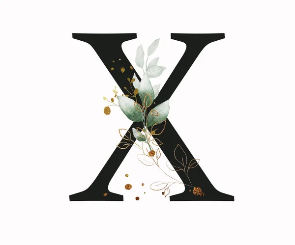 Capital letter X decorated with green and golden leave doodles. Letter of the English alphabet with floral decoration. Floral letter.