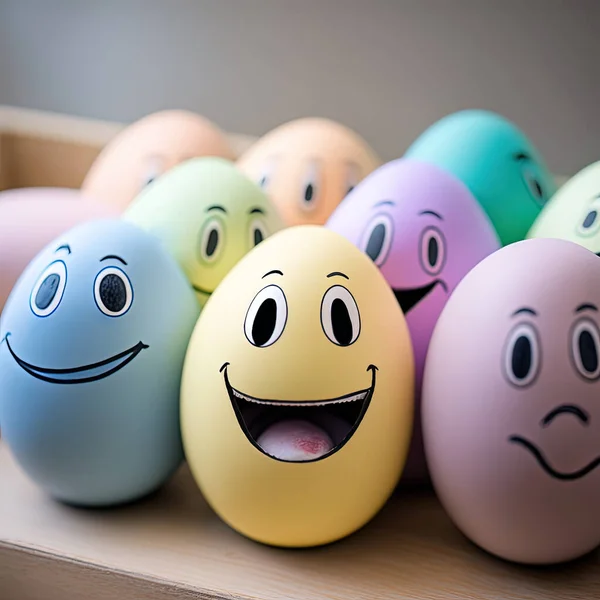 Funny Easter Eggs, hand drawn faces. Easter holiday concept with cute handmade eggs