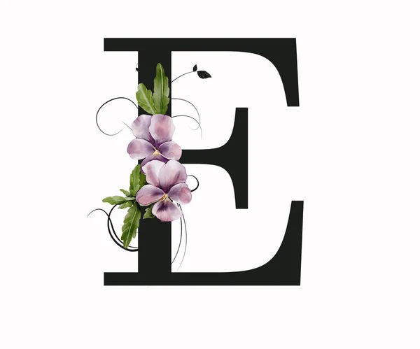 Capital letter E decorated with green leaves and pansies. Letter of the English alphabet with floral decoration. Floral letter.
