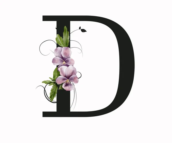 Capital letter D decorated with green leaves and pansies. Letter of the English alphabet with floral decoration. Floral letter.