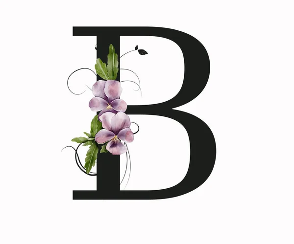 Capital letter B decorated with green leaves and pansies. Letter of the English alphabet with floral decoration. Floral letter.