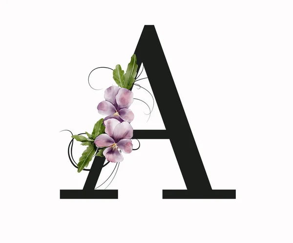 Capital letter A decorated with green leaves and pansies. Letter of the English alphabet with floral decoration. Floral letter.