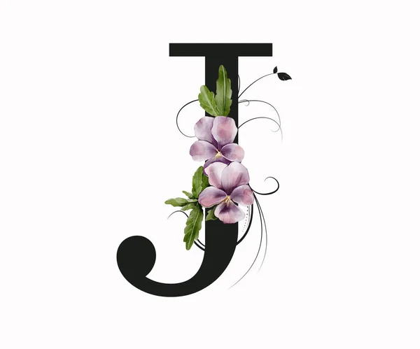 Capital letter J decorated with green leaves and pansies. Letter of the English alphabet with floral decoration. Floral letter.