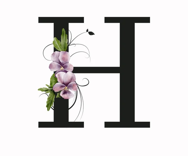 Capital letter H decorated with green leaves and pansies. Letter of the English alphabet with floral decoration. Floral letter.