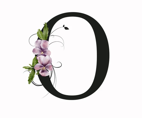 Capital letter O decorated with green leaves and pansies. Letter of the English alphabet with floral decoration. Floral letter