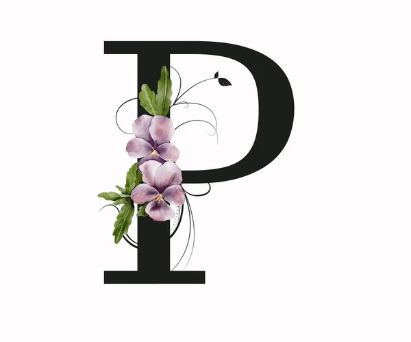 Capital letter P decorated with green leaves and pansies. Letter of the English alphabet with floral decoration. Floral letter.