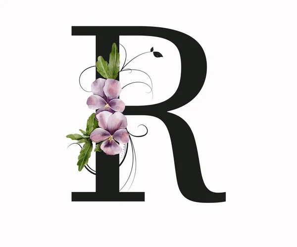 Capital letter R decorated with green leaves and pansies. Letter of the English alphabet with floral decoration. Floral letter.