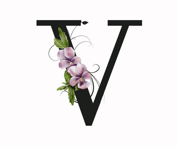 Capital letter V decorated with green leaves and pansies. Letter of the English alphabet with floral decoration. Floral letter.