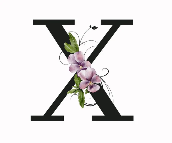Capital letter X decorated with green leaves and pansies. Letter of the English alphabet with floral decoration. Floral letter.