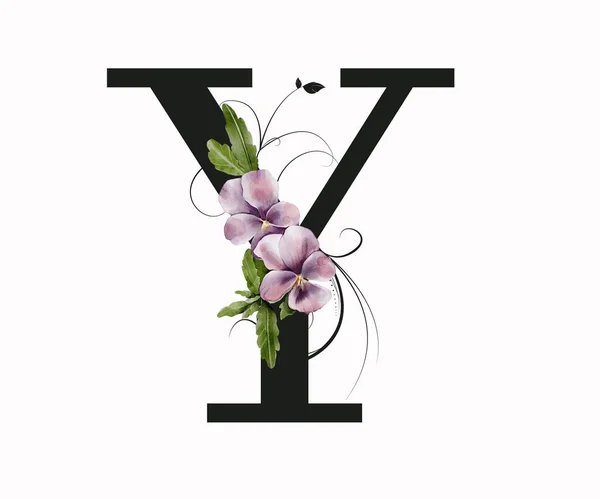 Capital letter Y decorated with green leaves and pansies. Letter of the English alphabet with floral decoration. Floral letter.