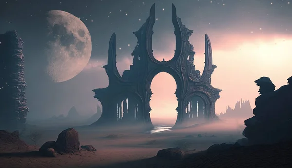 3Dレンダリングされた空間アート エイリアンプラネット 廃墟と星空のファンタジー凍結風景 — ストック写真