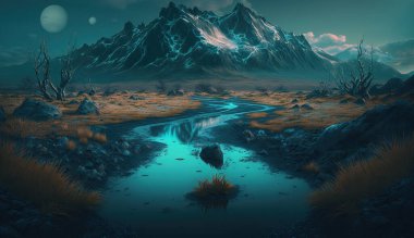 3d rendered Space Art: Alien Planet - A Fantasy Landscape with dark skies clipart