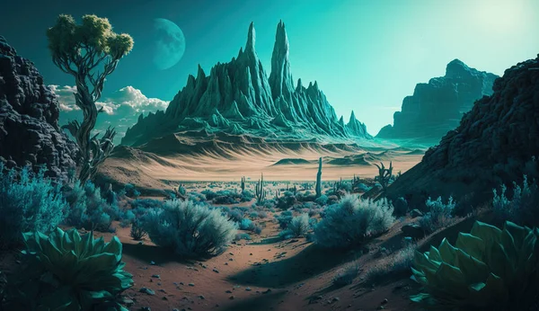 Απόδοση Space Art Alien Planet Fantasy Τοπίο Μπλε Ουρανό Και — Φωτογραφία Αρχείου