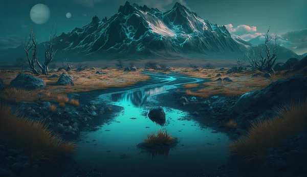 Gjengitt Space Art Alien Planet Fantasy Landscape Dark Sky stockbilde