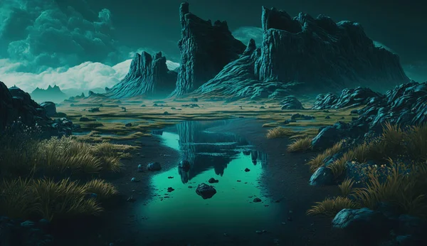 Gengives Space Art Alien Planet Fantasy Landskab Med Mørk Himmel Stock-billede