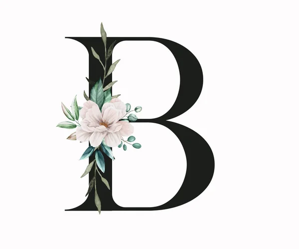 大写字母B装饰着绿叶和恐慌 英文字中带有花卉装饰的字母 — 图库照片