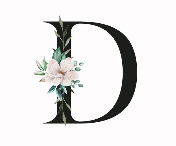 Capital letter D decorated with green leaves and pansies. Letter of the English alphabet with floral decoration. Floral letter.
