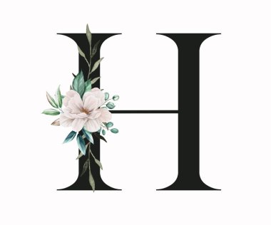 Capital letter H decorated with green leaves and pansies. Letter of the English alphabet with floral decoration. Floral letter.