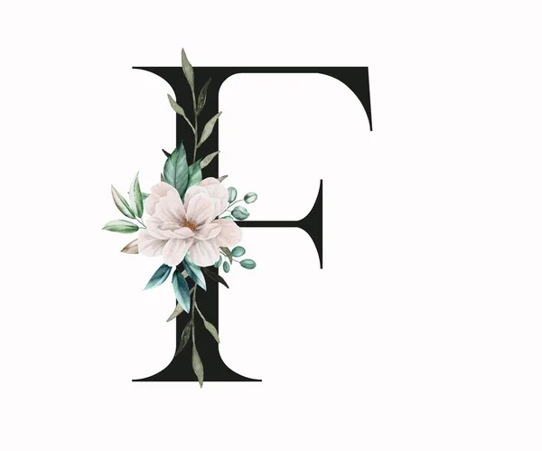 Capital letter F decorated with green leaves and pansies. Letter of the English alphabet with floral decoration. Floral letter.
