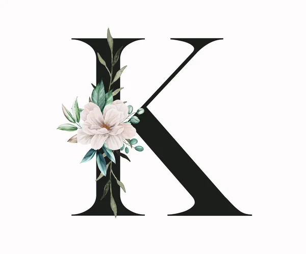 大写字母K装饰着绿叶和恐慌 英文字中带有花卉装饰的字母 — 图库照片