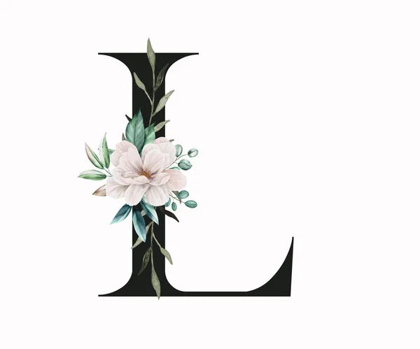 大写字母L装饰着绿叶和恐慌 英文字中带有花卉装饰的字母 — 图库照片