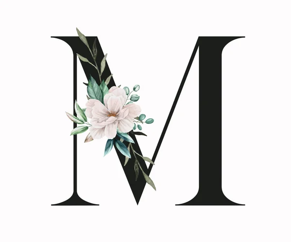 Capital letter M decorated with green leaves and pansies. Letter of the English alphabet with floral decoration. Floral letter.