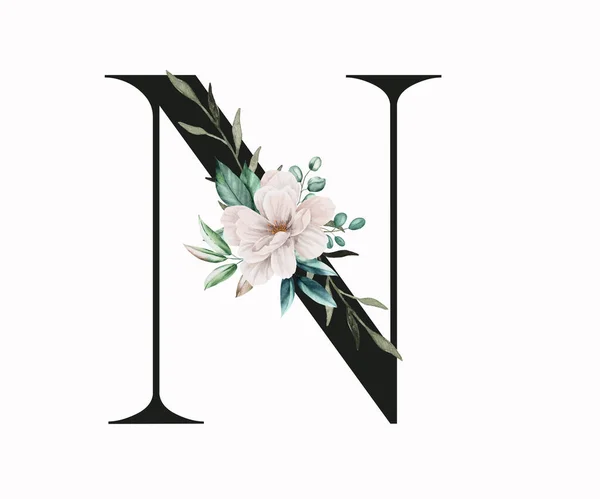 大写字母N装饰着绿叶和恐慌 英文字中带有花卉装饰的字母 — 图库照片