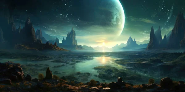 Рендеринг Space Art Alien Planet Фантастичний Пейзаж Блакитним Небом Зірками — стокове фото