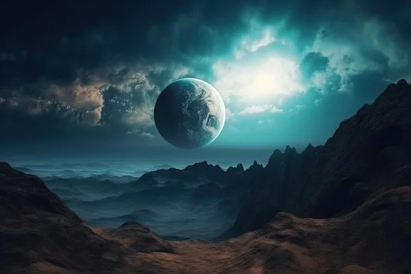 Rendered Space Art Alien Planet Fantasy Landscape Blue Skies Stars — Stock Photo, Image