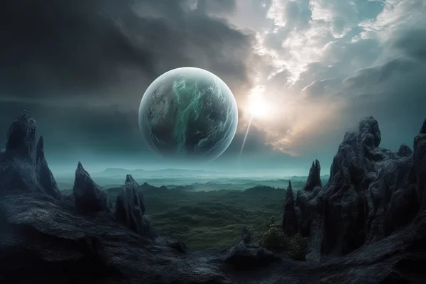 Gerenderte Weltraumkunst Alien Planet Eine Fantasielandschaft Mit Blauem Himmel Und — Stockfoto