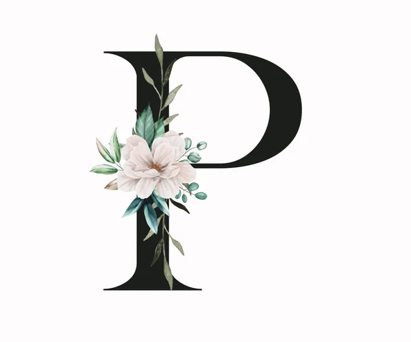 大写字母P装饰着绿叶和恐慌 英文字中带有花卉装饰的字母 — 图库照片
