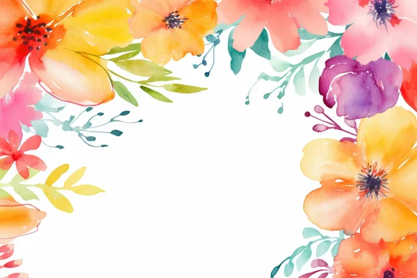 Colorful Watercolor Leaves Flowers White Background Botanical Border Frame Floral Stock Image