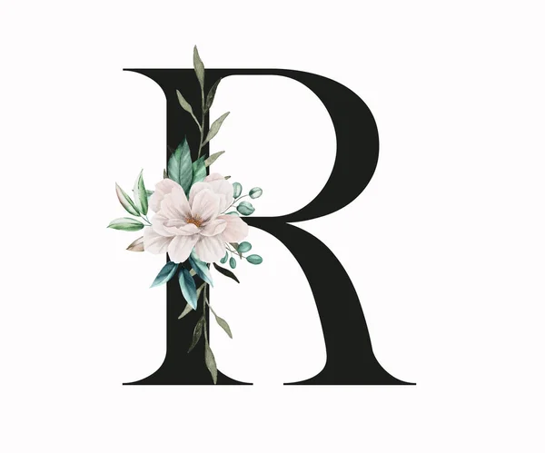 緑の葉やパンジーで飾られた大文字のR 花の装飾と英語のアルファベットの手紙 花手紙 — ストック写真