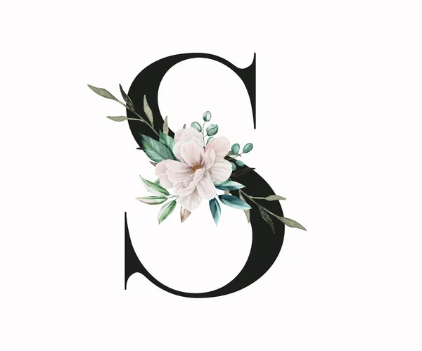 大写字母S装饰着绿叶和恐慌 英文字中带有花卉装饰的字母 — 图库照片