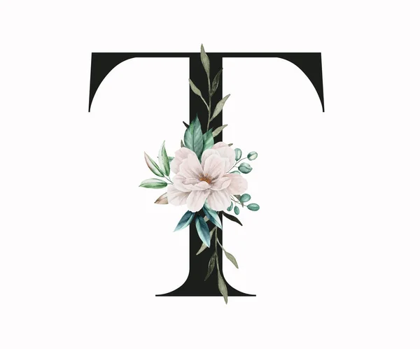 Capital letter T decorated with green leaves and pansies. Letter of the English alphabet with floral decoration. Floral letter.