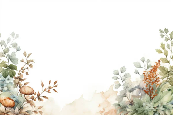 白色背景上的淡淡的水色叶子和花朵 垂直的植物设计横幅 花序水彩画 古色古香风格 — 图库照片