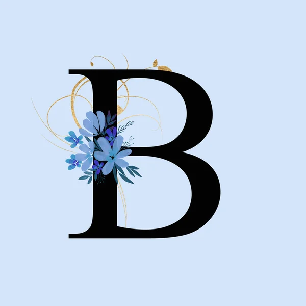 Κεφαλαίο Γράμμα Διακοσμημένο Μπλε Λουλούδια Και Χρυσά Στροβιλίσματα Γράμμα Της — Φωτογραφία Αρχείου