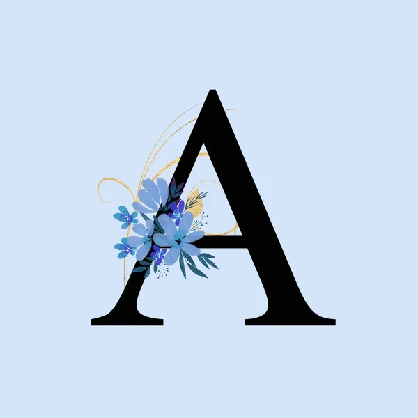 大文字青い花と黄金の渦巻きで飾られた 花の装飾と英語のアルファベットの手紙 花手紙 — ストック写真