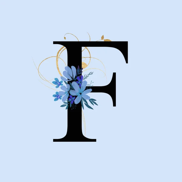 Großbuchstabe Verziert Mit Blauen Blumen Und Goldenen Wirbeln Buchstabe Des — Stockfoto