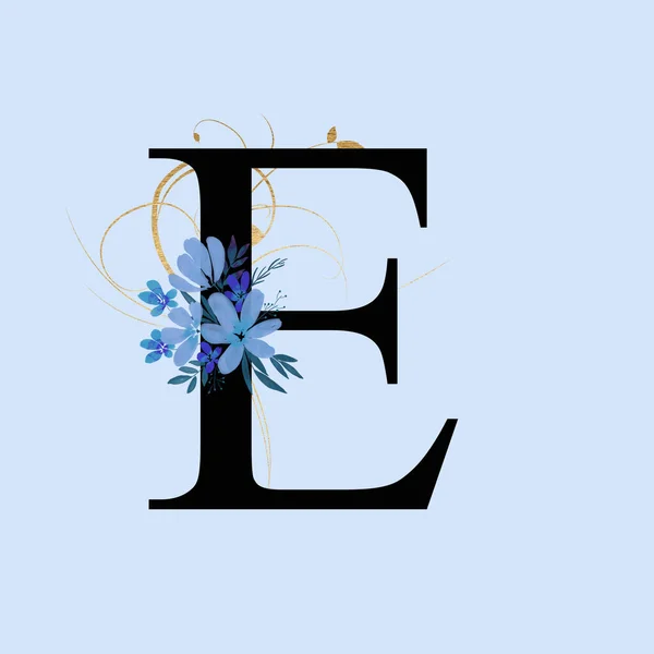 Betű Kék Virágokkal Arany Örvényekkel Díszítve Angol Ábécé Levele Virágdíszítéssel — Stock Fotó