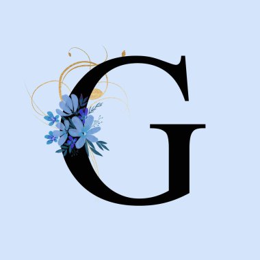 Büyük G harfi mavi çiçekler ve altın girdaplarla süslenmiş. Çiçek süslemeli İngiliz alfabesi. Çiçekli mektup..