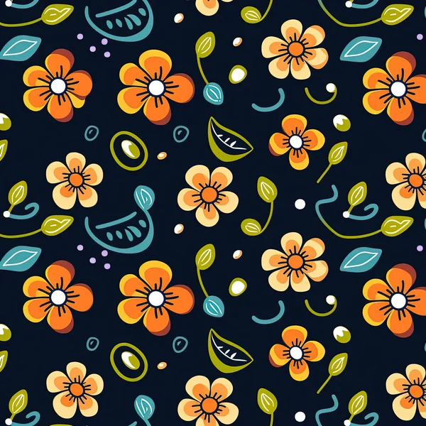 花卉或花卉收藏 橙花和绿叶 植物图解 纺织品 印刷品 面料的色泽丰富 — 图库照片