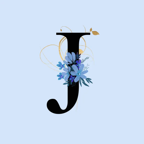 stock image Capital letter J decorated with blue flowers and golden swirls. Letter of the English alphabet with floral decoration. Floral letter.