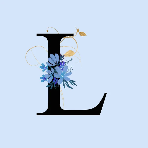 Lettre Majuscule Ornée Fleurs Bleues Tourbillons Dorés Lettre Alphabet Anglais — Photo